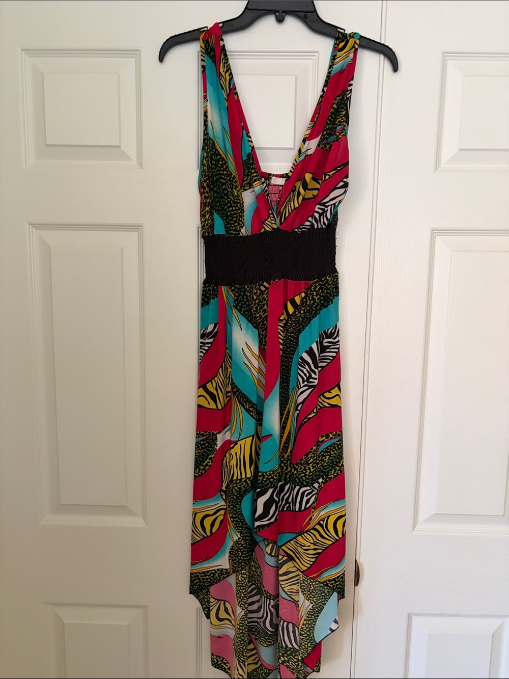 Bold Multicolor Asymmetrical Maxi Dress with Smocked Waist